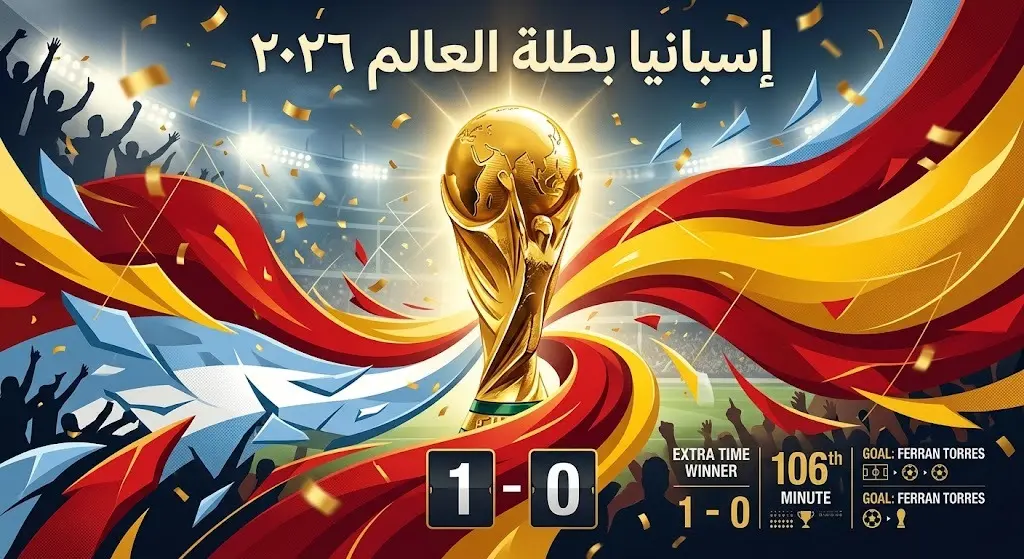 تصميم فني يبرز تتويج منتخب إسبانيا بكأس العالم 2026 بعد الفوز على الأرجنتين بهدف نظيف، يظهر فيه كأس البطولة وألوان المنتخبين.