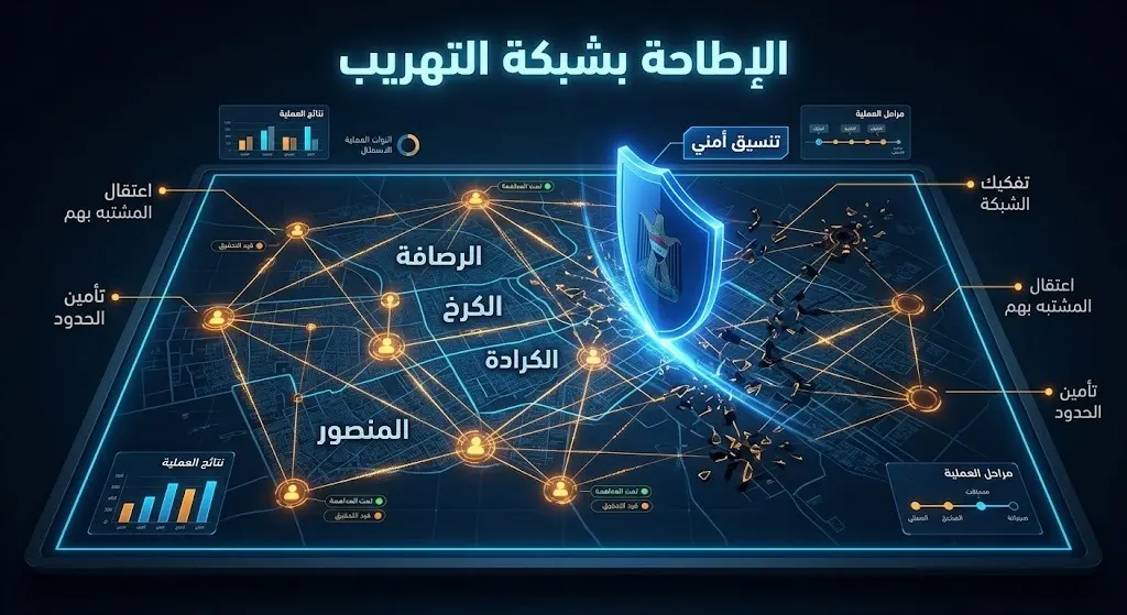 رسم تعبيري يوضح تفاصيل التنسيق الأمني والجهود الاستخباراتية لتفكيك شبكة تهريب الفتيات في بغداد.