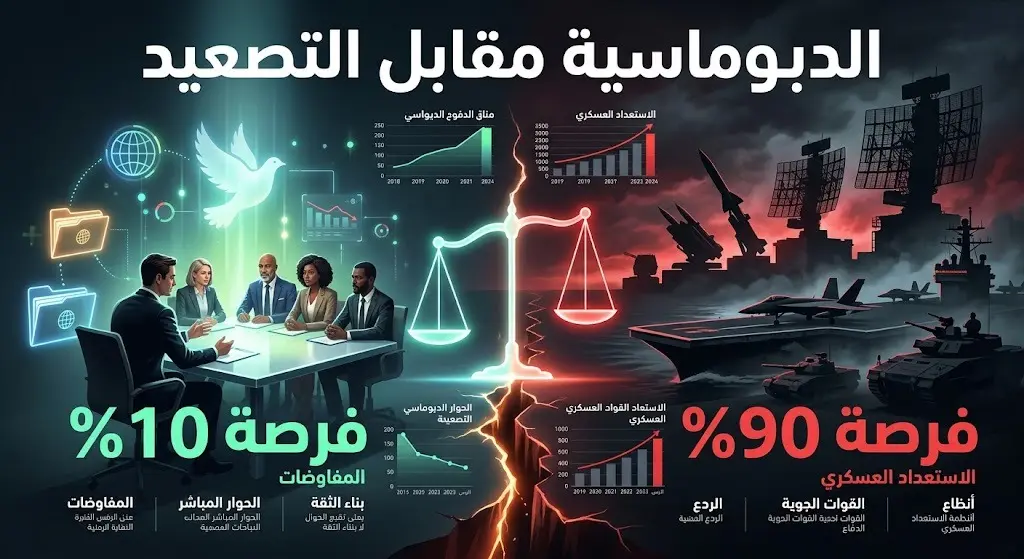 تصميم تعبيري يجسد التباين بين الفرصة الضئيلة لنجاح الدبلوماسية بنسبة 10% واليقين بحتمية المواجهة العسكرية.