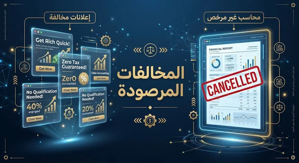 تصميم إنفوجرافيك يوضح تفاصيل المخالفات المحاسبية المرصودة مثل إصدار تقارير بدون ترخيص والإعلان عبر منصات التواصل.