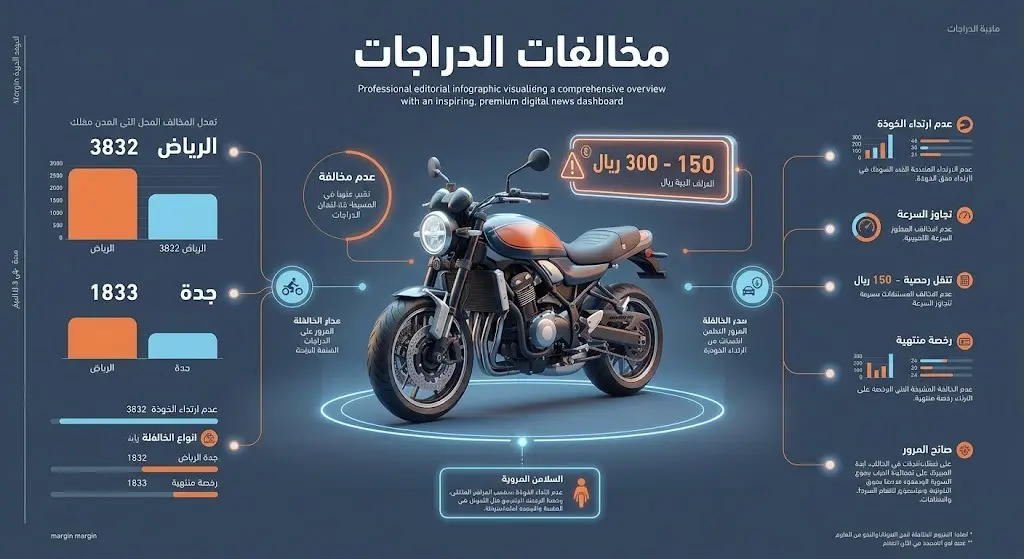 إنفوجرافيك عصري يوضح إحصائيات المخالفات المرورية للدراجات الآلية، شاملة قيم الغرامات وأبرز أرقام الضبط في الرياض وجدة.
