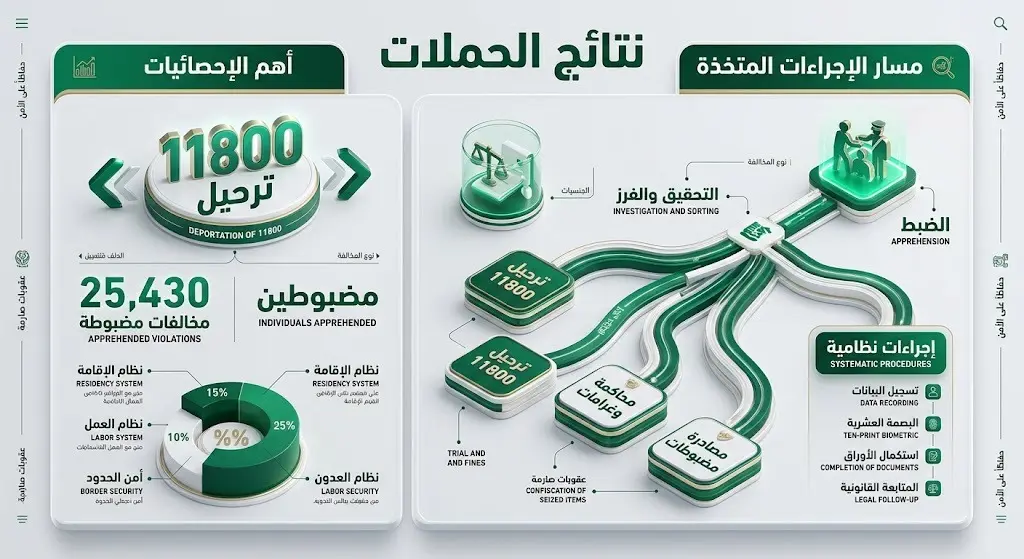 إنفوجرافيك بياني يوضح إحصائيات الإجراءات المتخذة ضد مخالفي أنظمة الإقامة والعمل وأمن الحدود في السعودية، بما في ذلك أعداد الخاضعين للإجراءات والمرحلين.