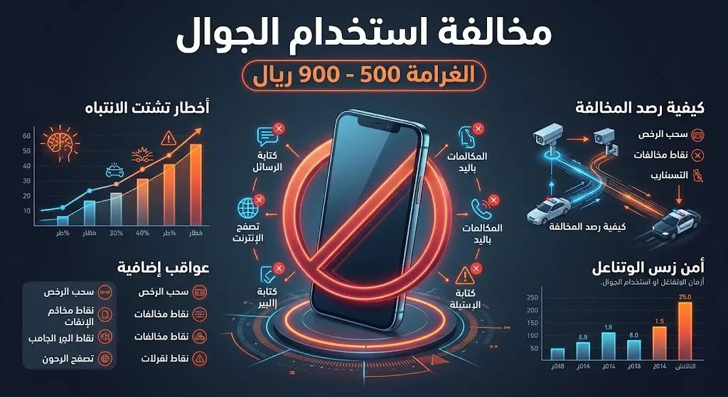 إنفوجرافيك يوضح تفاصيل مخالفة استخدام الجوال باليد أثناء القيادة وقيمة الغرامة المالية.