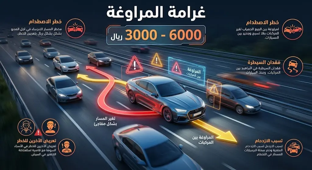 إنفوجرافيك يوضح مخالفة المراوغة بين المركبات بتغيير المسارات وقيمة الغرامة المالية.