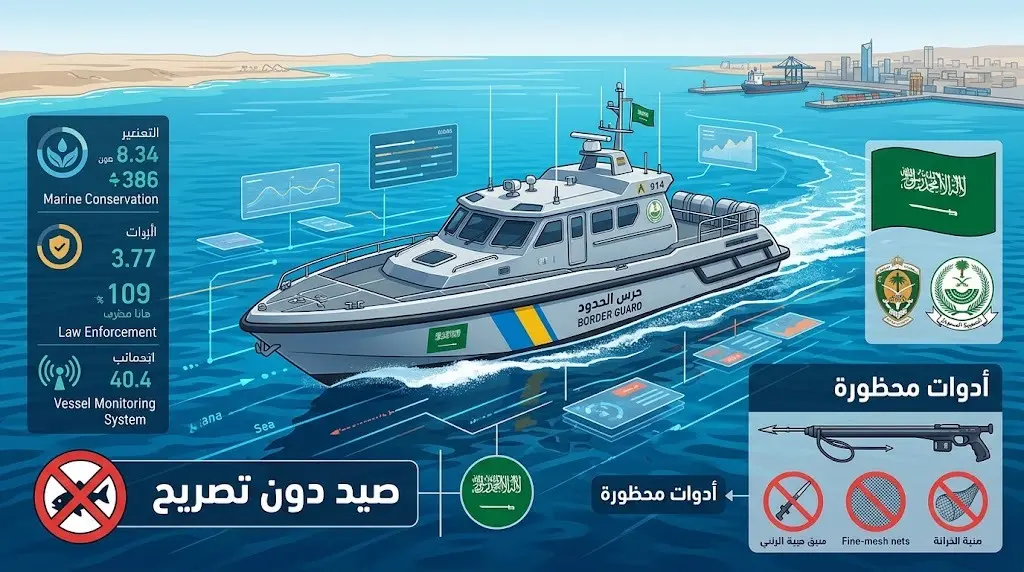 تصميم إنفوجرافيك يوضح جهود حرس الحدود بجدة في ضبط مخالفات الصيد البحري والأدوات المحظورة كالمسدسات البحرية.