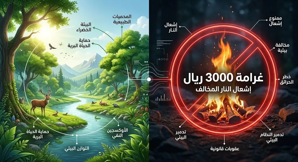 إنفوجرافيك يوضح عقوبة إشعال النار في غير الأماكن المخصصة بالغابات والمحميات والتي تصل إلى 3000 ريال.