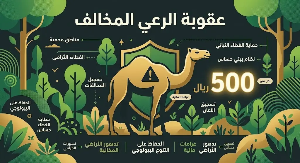 إنفوجرافيك يوضح عقوبة رعي الإبل في المحميات الطبيعية والمقدرة بـ 500 ريال لكل متن.