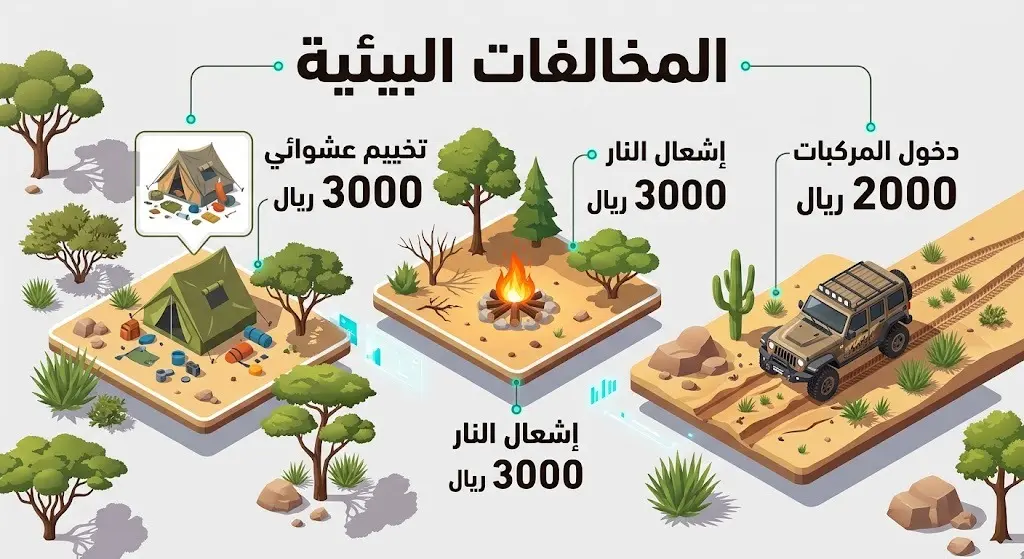 إنفوجرافيك يوضح المخالفات البيئية الشائعة مثل التخييم العشوائي وإشعال النار ودخول المركبات للأماكن المحظورة مع قيمة الغرامة المالية لكل مخالفة.