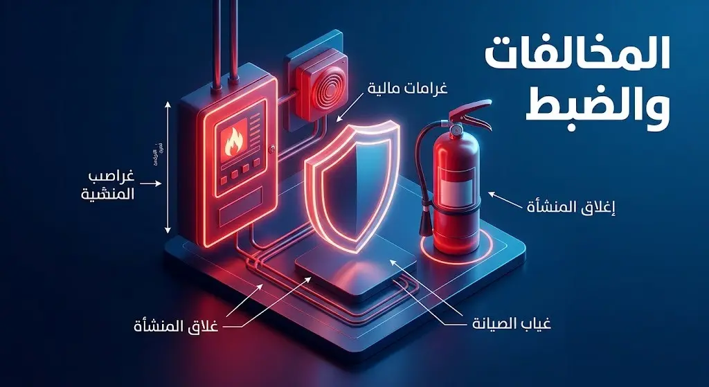 تصميم ثلاثي الأبعاد يعبر عن الحملات الرقابية وضبط المنشآت المخالفة لاشتراطات صيانة أنظمة الحريق.