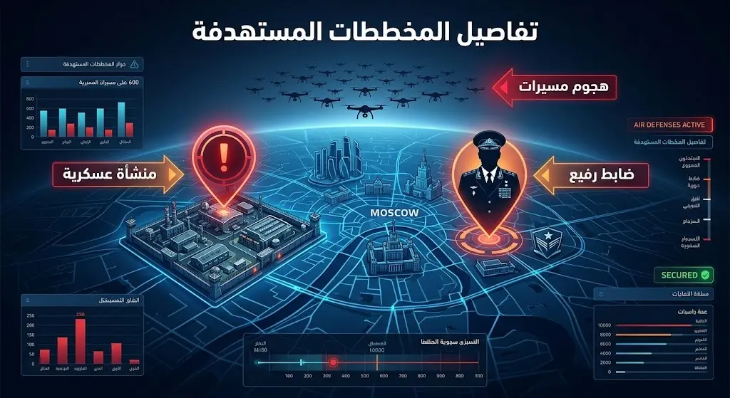 إنفوجرافيك تحليلي يوضح الأهداف العسكرية والشخصية القيادية التي استهدفتها هجمات الطائرات المسيرة في موسكو