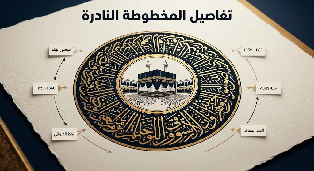 تصميم إنفوجرافيك يستعرض تفاصيل المخطوطة القرآنية النادرة، يبرز الكعبة المشرفة في المنتصف ومعلومات حول الخطاط وتاريخ الإنجاز والخط الديواني المستخدم.