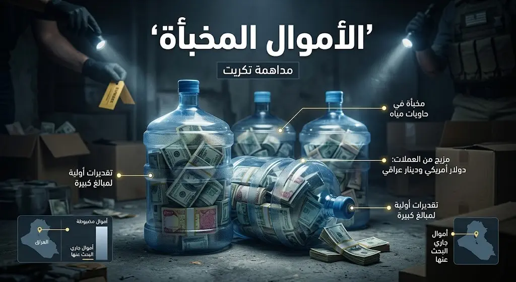 صورة تعبيرية تظهر أموالاً نقدية مخبأة داخل قناني مياه بلاستيكية مع إضاءة درامية، ترمز لعملية المداهمة في مدينة تكريت