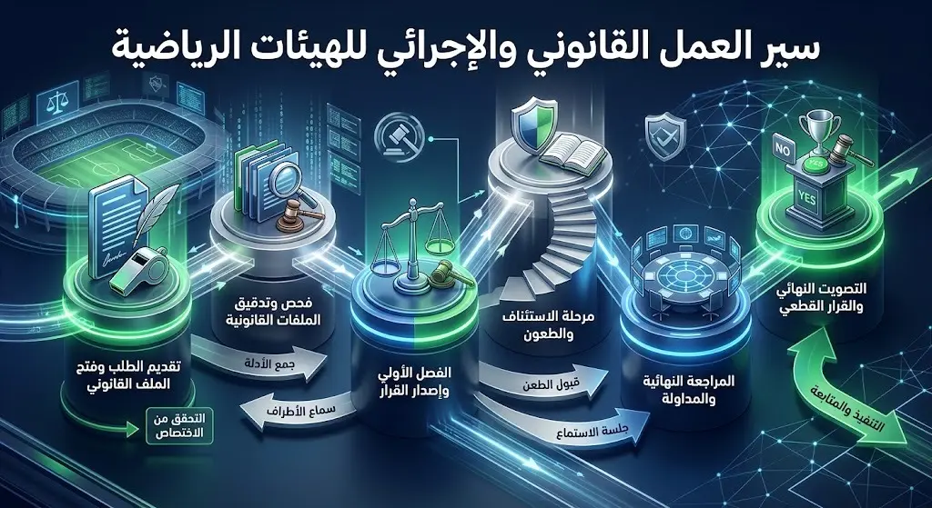 تصميم يوضح التسلسل القانوني والإجرائي لانتخابات الاتحاد السعودي، متضمناً فحص الملفات، وتلقي الطعون، وإعلان القوائم النهائية.