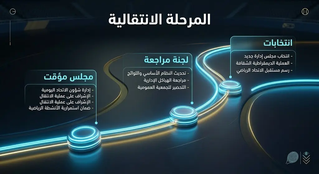 إنفوجرافيك زمني يوضح تفاصيل المرحلة الانتقالية للاتحاد السعودي للتنس واللجان المشكلة ومددها الزمنية