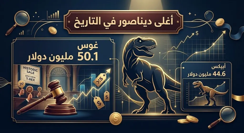 تصميم يجسد المقارنة السعرية والأرقام القياسية في مزادات الديناصورات، مبرزاً القيمة الفلكية لصفقة غوس.