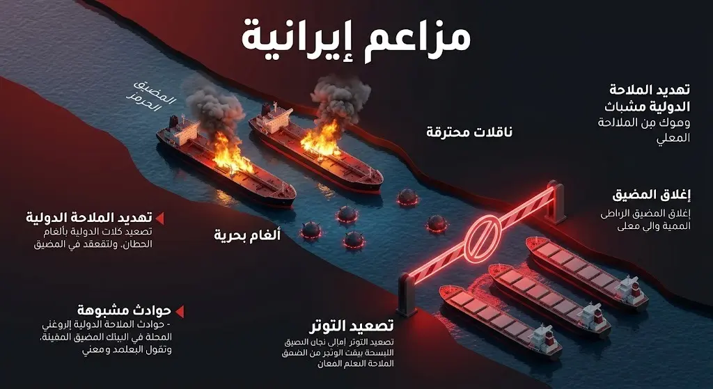 إنفوجرافيك يستعرض تفاصيل المزاعم الإيرانية التي تشمل اصطدام ناقلتين بألغام بحرية وإغلاق مضيق هرمز.