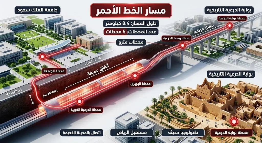 خريطة بصرية ثلاثية الأبعاد تستعرض تفاصيل امتداد المسار الأحمر بقطار الرياض بطول 8.4 كيلومترات، ومواقع المحطات الخمس بين جامعة الملك سعود والدرعية.
