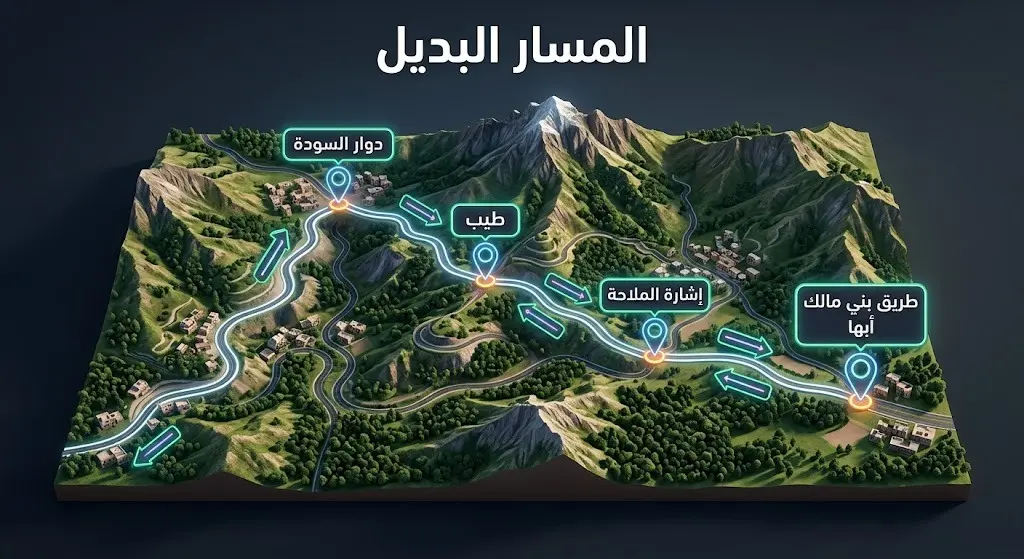 خريطة توضيحية ثلاثية الأبعاد للمسار المروري البديل من دوار السودة حتى طريق بني مالك أبها
