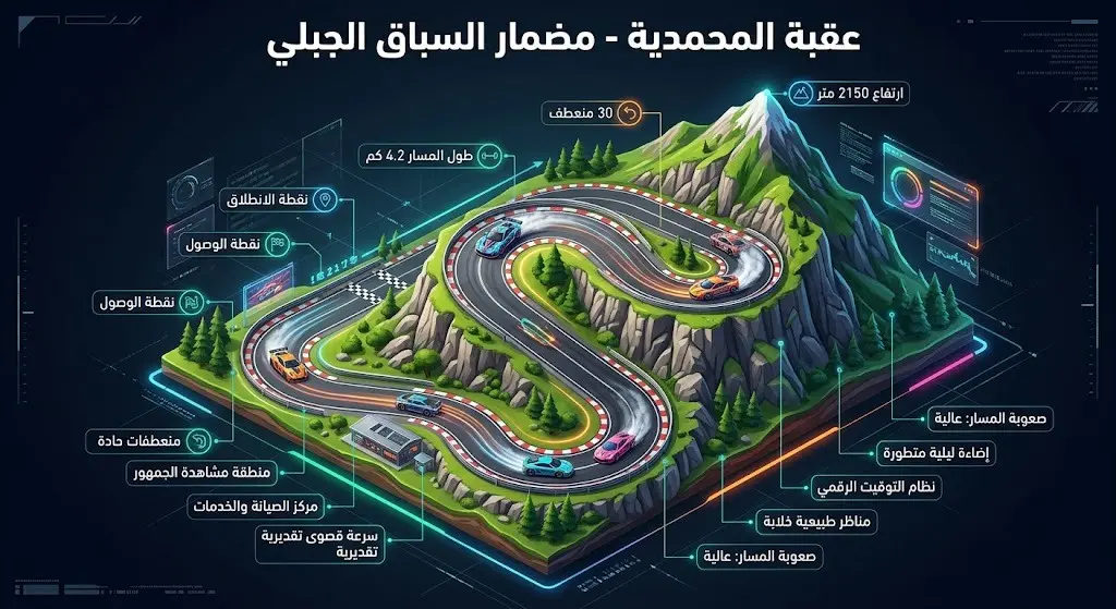 إنفوجرافيك ثلاثي الأبعاد وعصري يستعرض تفاصيل مسار عقبة المحمدية في الطائف، موضحاً طول المسار، عدد المنعطفات، والارتفاع عن سطح البحر.