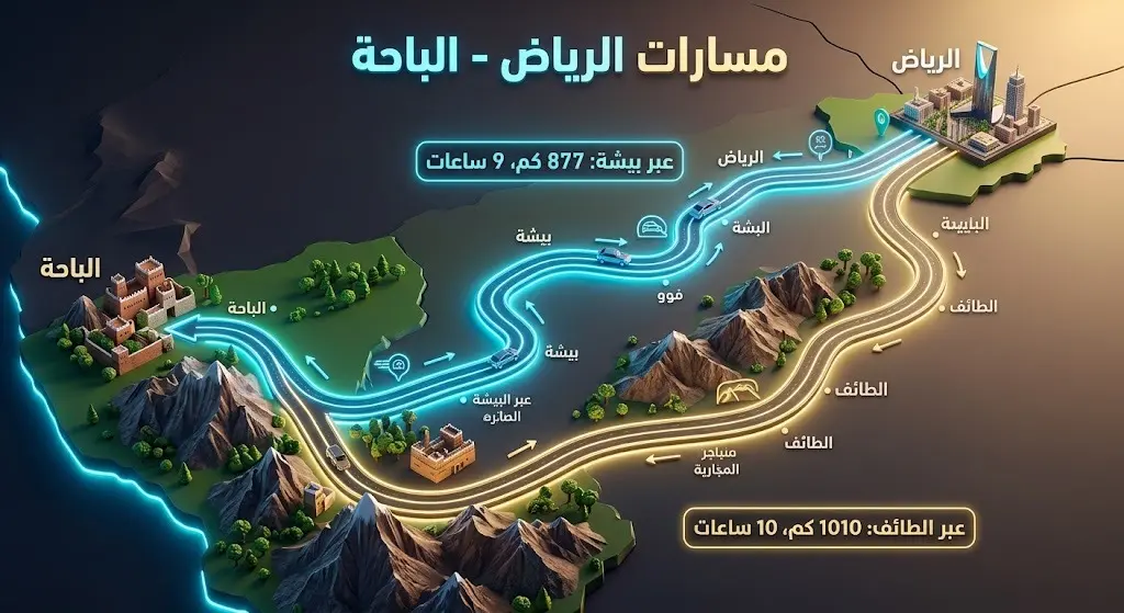 إنفوجرافيك يوضح تفاصيل ومسافات المسارين الجديدين بين الرياض والباحة عبر بيشة والطائف