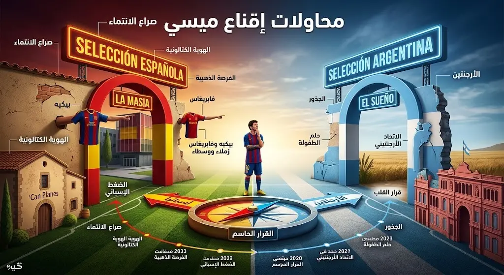 رسم تعبيري يجسد محاولات إقناع ميسي في أكاديمية لا ماسيا بتمثيل منتخب إسبانيا بدلاً من الأرجنتين.