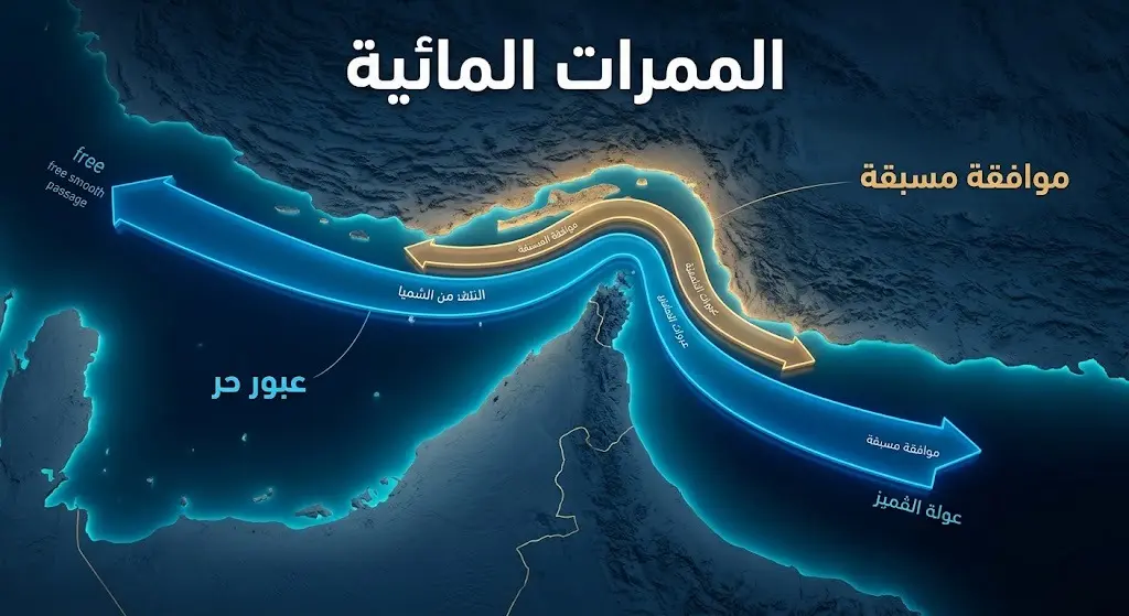 خريطة إنفوجرافيك ثلاثية الأبعاد توضح تقسيم مضيق هرمز إلى ممر جنوبي للعبور الحر وممر شمالي يتطلب موافقة.