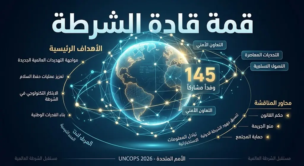 إنفوجرافيك ثلاثي الأبعاد يجسد قمة قادة الشرطة للأمم المتحدة مع شبكة مضيئة تمثل 145 وفداً مشاركاً حول مجسم للكرة الأرضية.