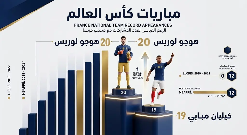 إنفوجرافيك يوضح اقتراب كيليان مبابي من رقم هوجو لوريس كأكثر اللاعبين الفرنسيين مشاركة في مباريات كأس العالم، حيث وصل إلى 19 مباراة متساوياً مع جريزمان.