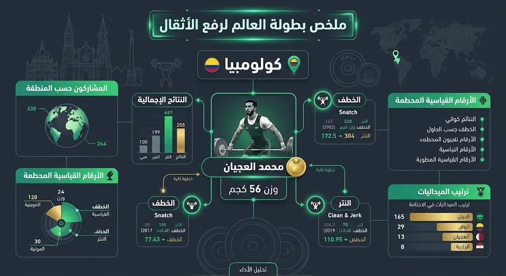 إنفوجرافيك معلوماتي عصري يوضح تفاصيل مشاركة البطل محمد العجيان في بطولة العالم لرفع الأثقال للشباب في كولومبيا