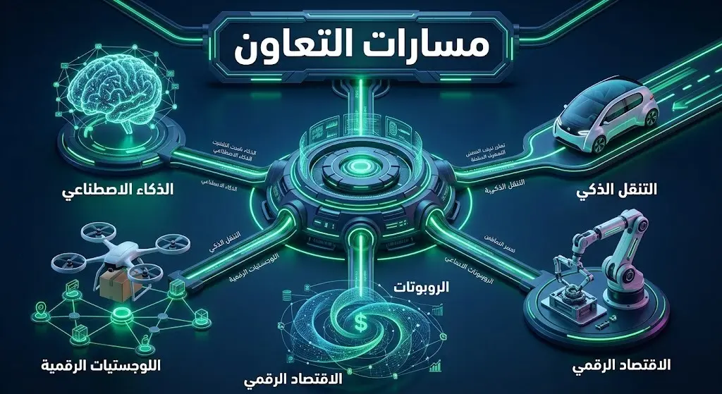 إنفوجرافيك تقني احترافي يستعرض مسارات التعاون الخمسة: الذكاء الاصطناعي، التنقل الذكي، الروبوتات، اللوجستيات الرقمية، والاقتصاد الرقمي.