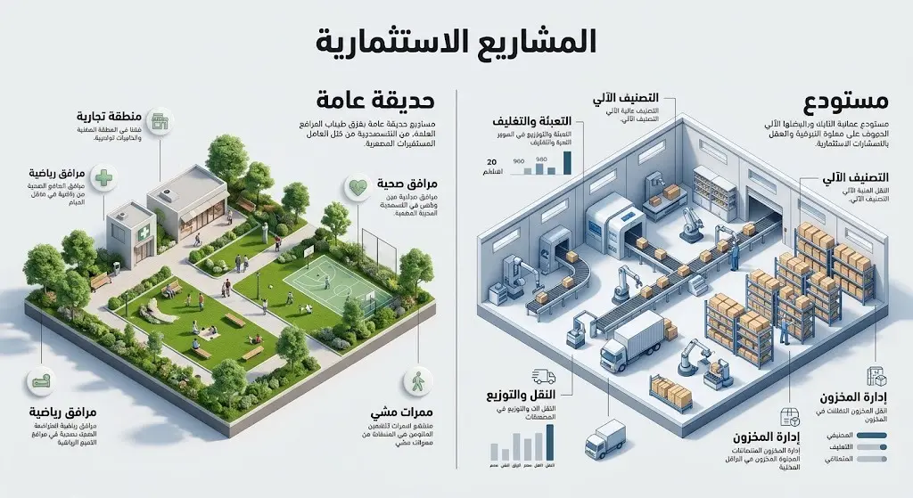 إنفوجرافيك يوضح تفاصيل مشروعي الحديقة العامة والمستودع في المدينة المنورة من حيث المساحة ومدة العقد
