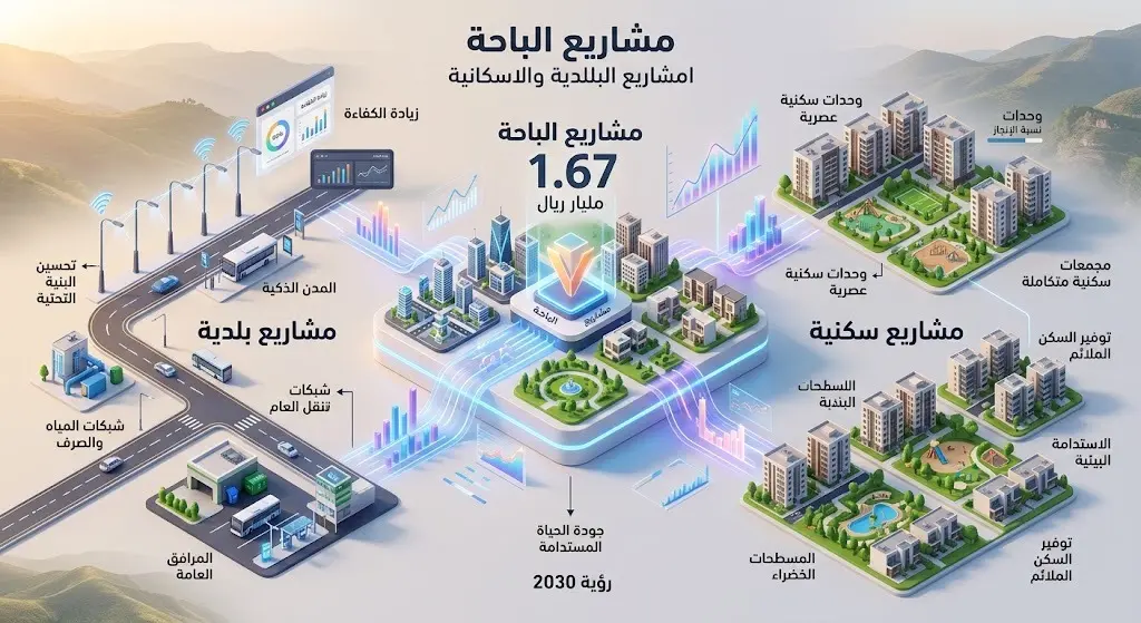 إنفوجرافيك بياني يوضح تفاصيل وقيم المشاريع البلدية والسكنية في منطقة الباحة والتي تتجاوز 1.6 مليار ريال.