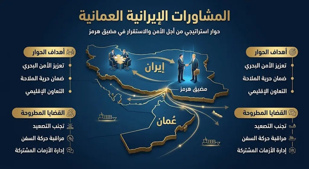 إنفوجرافيك مفاهيمي يوضح المشاورات الدبلوماسية المشتركة بين إيران وسلطنة عمان بشأن إدارة الملاحة في مضيق هرمز.