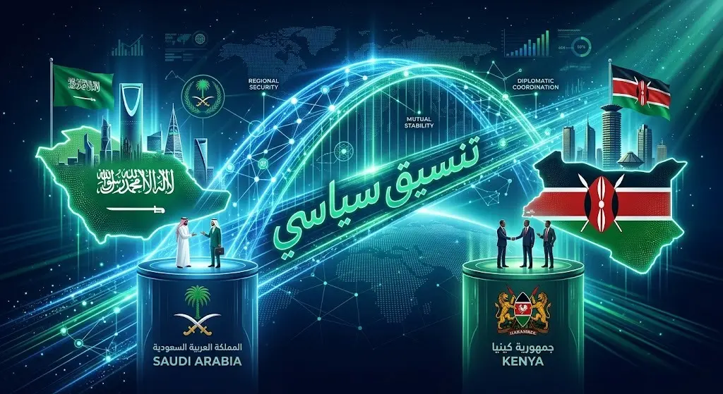 تصميم تعبيري حديث يجسد عمق المشاورات السياسية والتنسيق الدبلوماسي بين السعودية وكينيا لتعزيز أمن واستقرار المنطقة.