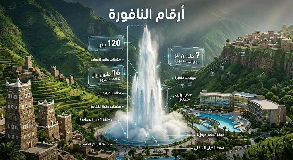 تصميم إنفوجرافيك يبرز نافورة منتجع الوادي العملاقة بارتفاع 120 متراً محاطة بأرقام وإحصائيات المشروع السياحي المذهلة في عسير.