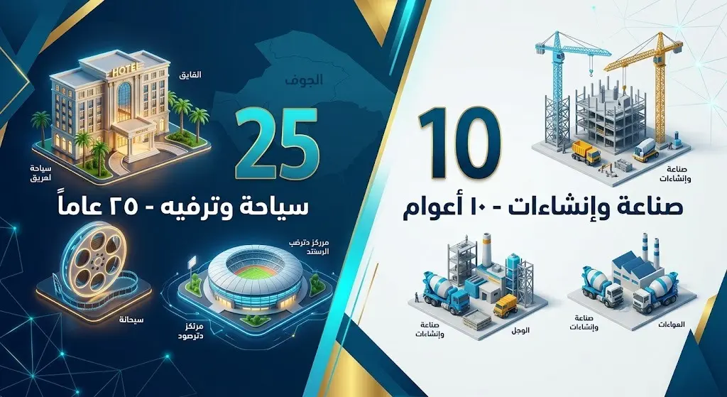 إنفوجرافيك حديث يوضح توزيع مدد العقود الاستثمارية في منطقة الجوف، مبرزاً 25 عاماً لقطاع السياحة و10 أعوام للقطاع الصناعي.