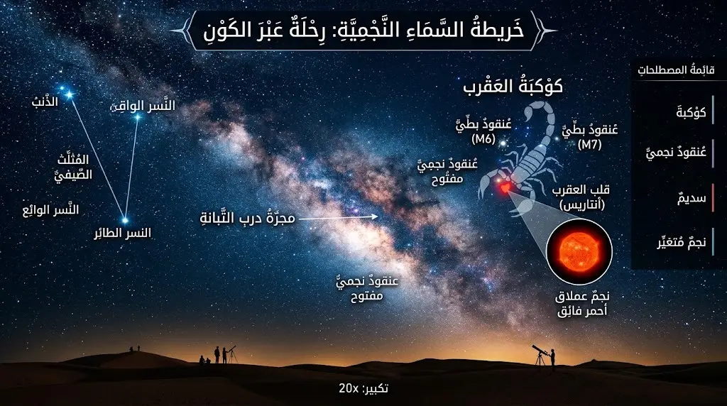 تصميم فني يدمج بين التصوير الواقعي لسماء الليل وخريطة فلكية توضح مجرة درب التبانة وكوكبة العقرب بتسميات عربية دقيقة.