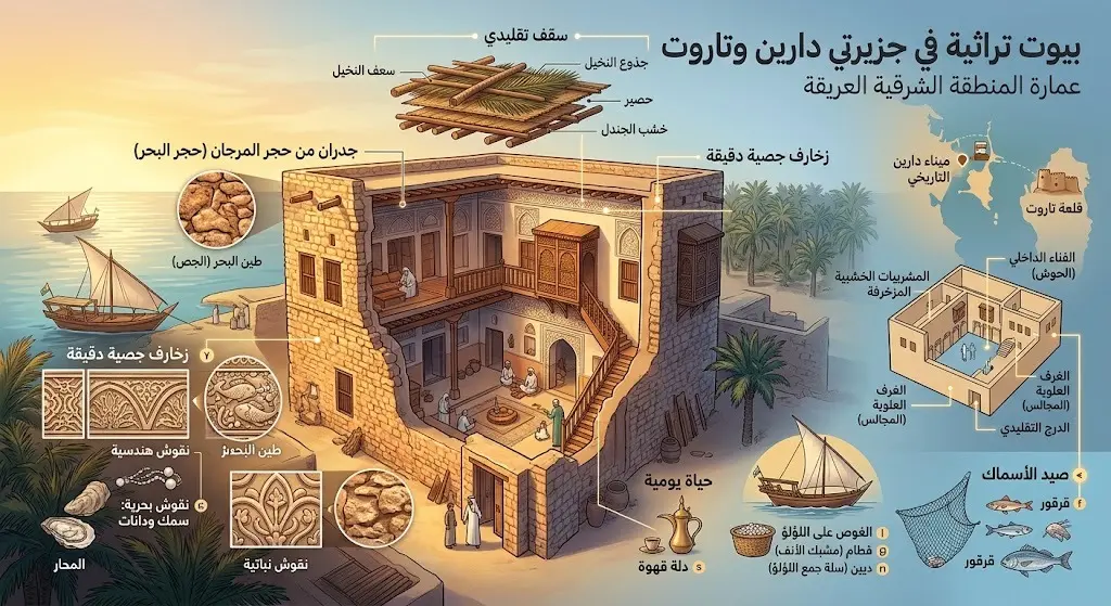 رسم معماري مفصل يوضح واجهة منزل تراثي في جزيرتي دارين وتاروت مع إبراز الزخارف الجصية ومواد البناء التقليدية كحجر الفروش وجذوع النخيل.