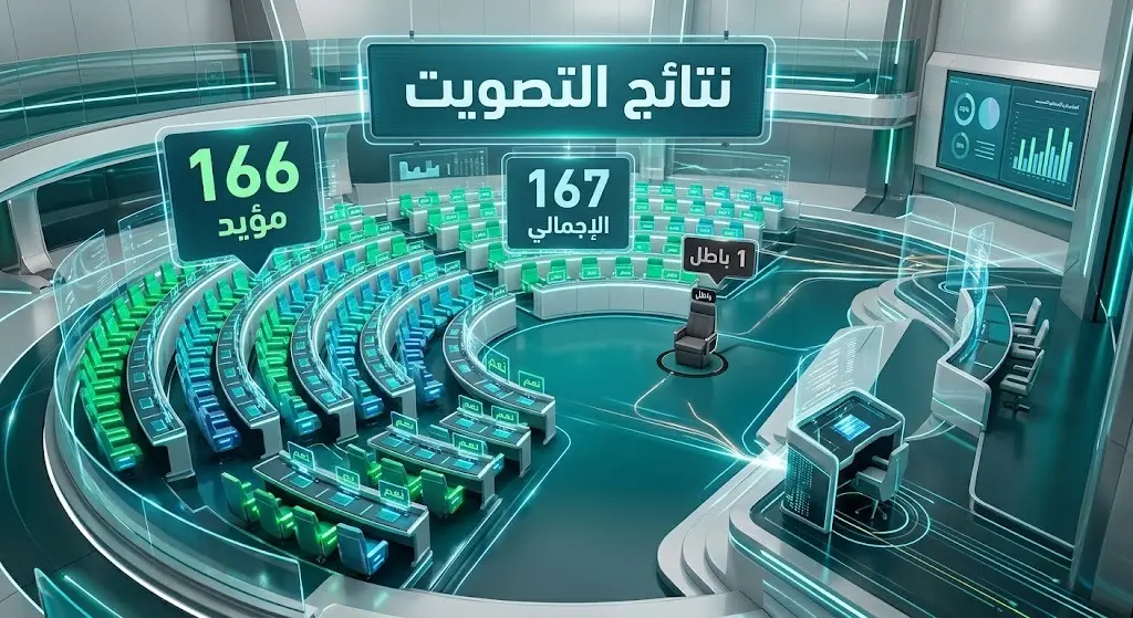 إنفوجرافيك بياني يعرض تفاصيل المصادقة البرلمانية على التعيين بأغلبية 166 صوتاً مؤيداً من أصل 167 نائباً.