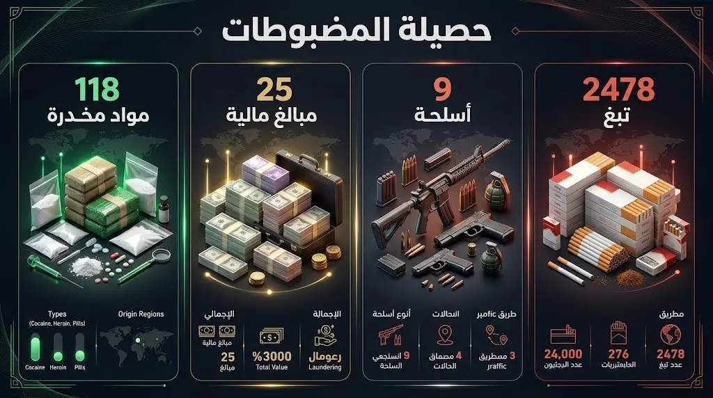 إنفوجرافيك يوضح إحصائيات وتفاصيل المضبوطات الجمركية خلال أسبوع، وتشمل المواد المخدرة، الأسلحة، والمبالغ المالية.