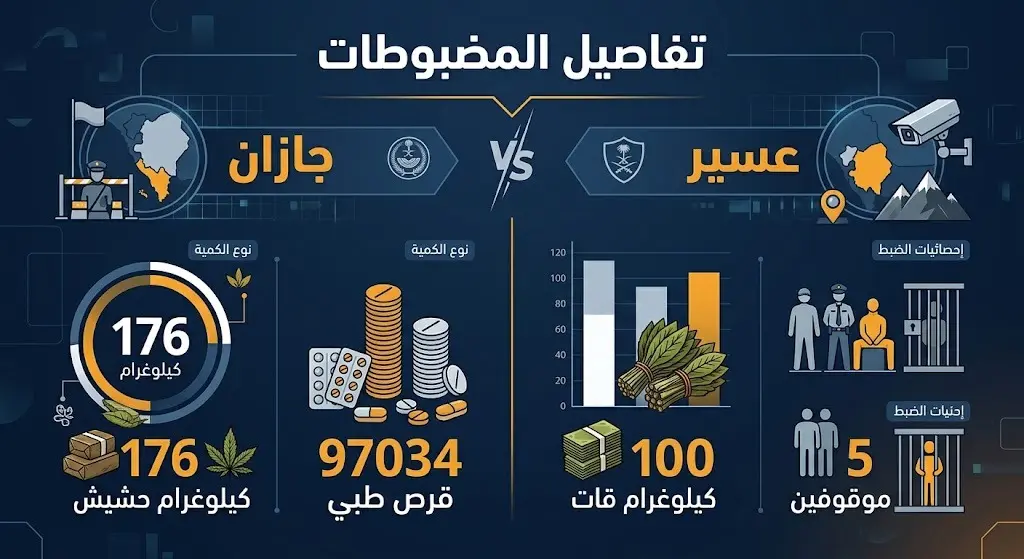 إنفوجرافيك يوضح بالأرقام وتفاصيل القطاعات حجم المضبوطات من المخدرات في منطقتي جازان وعسير وعدد الموقوفين.