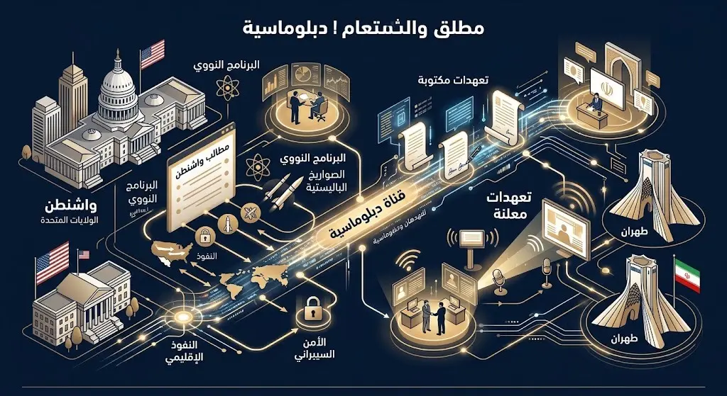 إنفوجرافيك يوضح تفاصيل المطالب الأمريكية من إيران عبر الوسطاء، تتضمن تعهدات مكتوبة ومعلنة لحماية الملاحة.