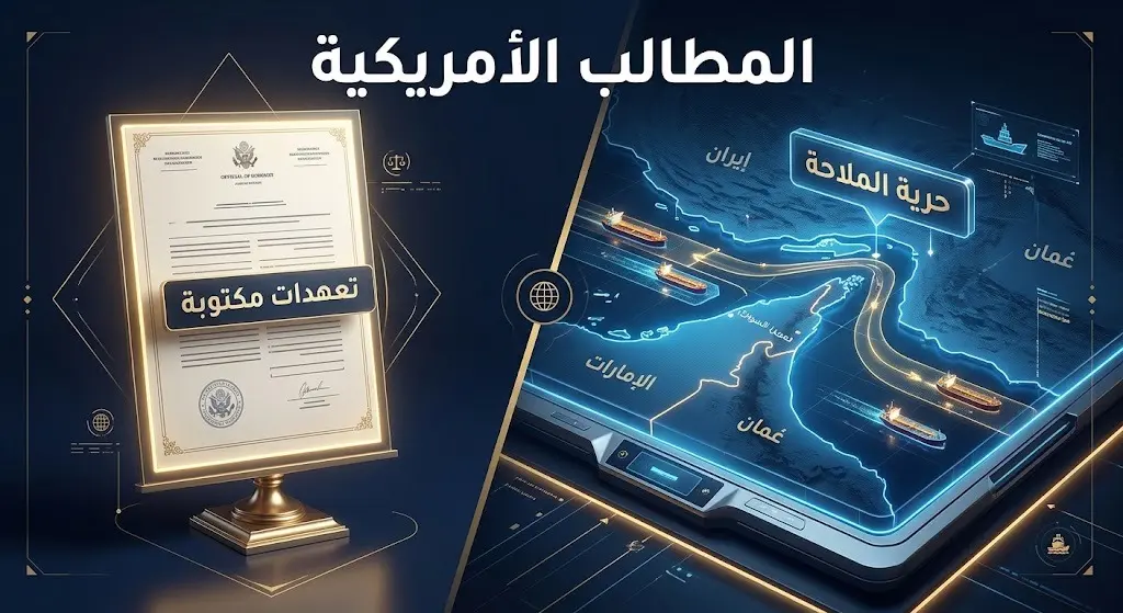إنفوجرافيك احترافي يوضح المطالب الأمريكية لإيران بتقديم تعهدات مكتوبة لضمان حرية الملاحة وتأمين مضيق هرمز.