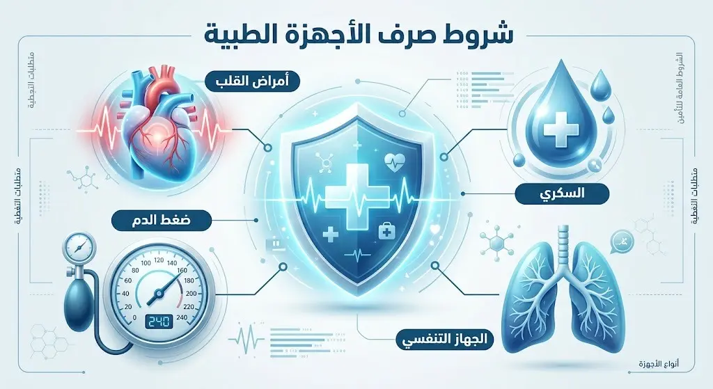 إنفوجرافيك يوضح الحالات المرضية المشمولة بصرف الأجهزة الطبية ضمن التأمين الصحي كأمراض القلب والسكري وضغط الدم والجهاز التنفسي.