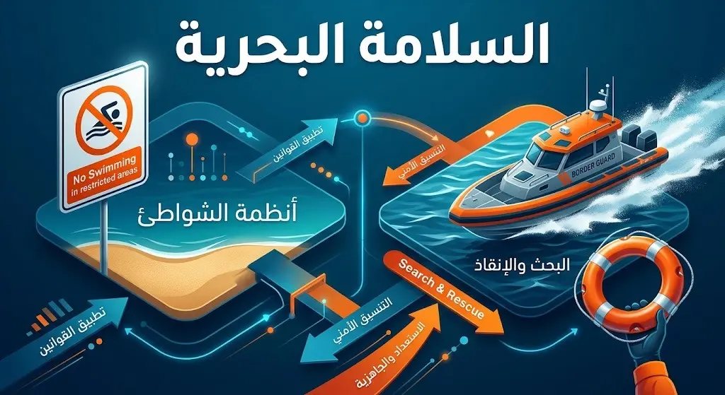 تصميم إنفوجرافيك يبرز تعليمات السلامة البحرية والتحذير من السباحة في المواقع غير المخصصة