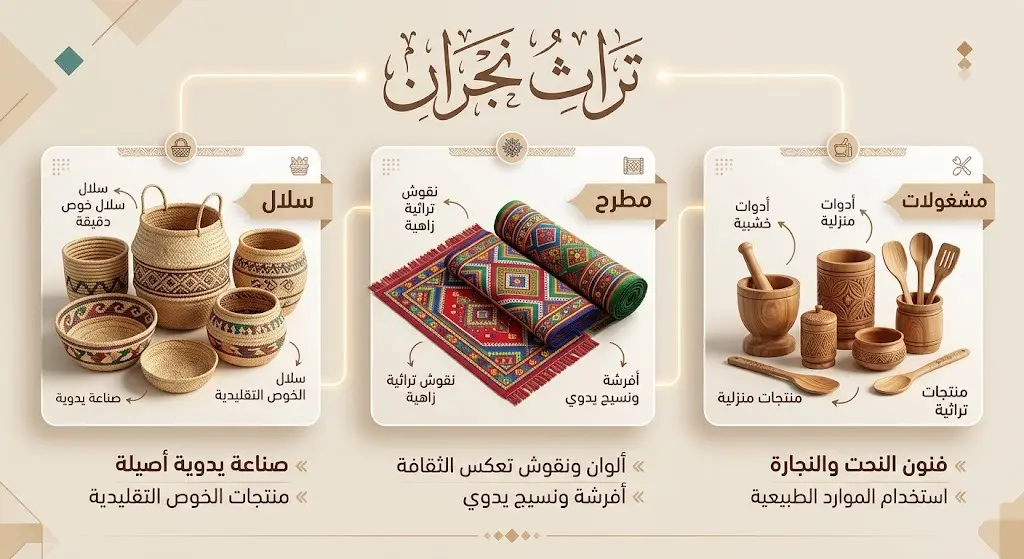 تصميم إنفوجرافيك يبرز تفاصيل المشغولات اليدوية والصناعات التراثية النجرانية من سلال ومطرح وأدوات يدوية تقليدية مع مسمياتها التوضيحية.
