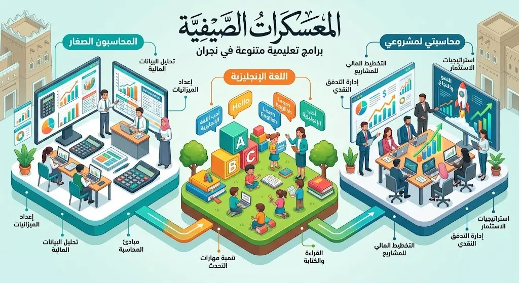 إنفوجرافيك يوضح المعسكرات الصيفية الثلاثة في نجران والفئات المستهدفة لكل منها