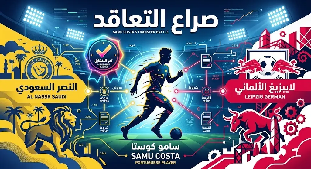 تصميم تعبيري يجسد صراع التعاقد مع سامو كوستا بين ناديي النصر السعودي ولايبزيغ الألماني، مع إبراز حسم النصر للصفقة.