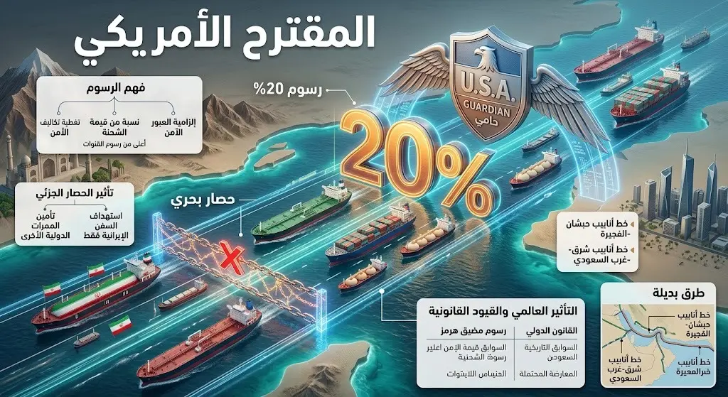 إنفوجرافيك يوضح البنود الرئيسية للمقترح الأمريكي حول فرض رسوم عبور بنسبة 20% وحصار السفن الإيرانية في مضيق هرمز.