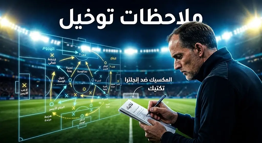 المدرب توماس توخيل يدون ملاحظات تكتيكية بشكل مكثف على خط التماس أثناء المباراة وسط أجواء حماسية.
